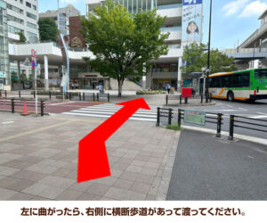 左に曲がったら、右側に横断歩道があって渡ってください。